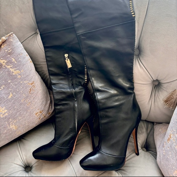 💚RARE VINTAGE L.A.M.B💚 Genuine Leather Knee High Stiletto Boots - Picture 1 of 7